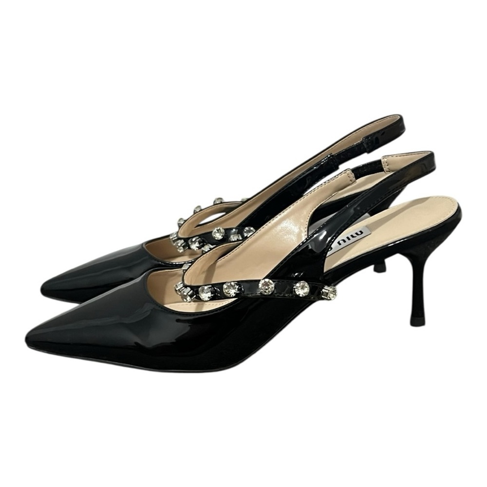 Miu Miu Black Patent Leather Crystal Slingback Pumps Size 38 Like New - Picture 2 of 8